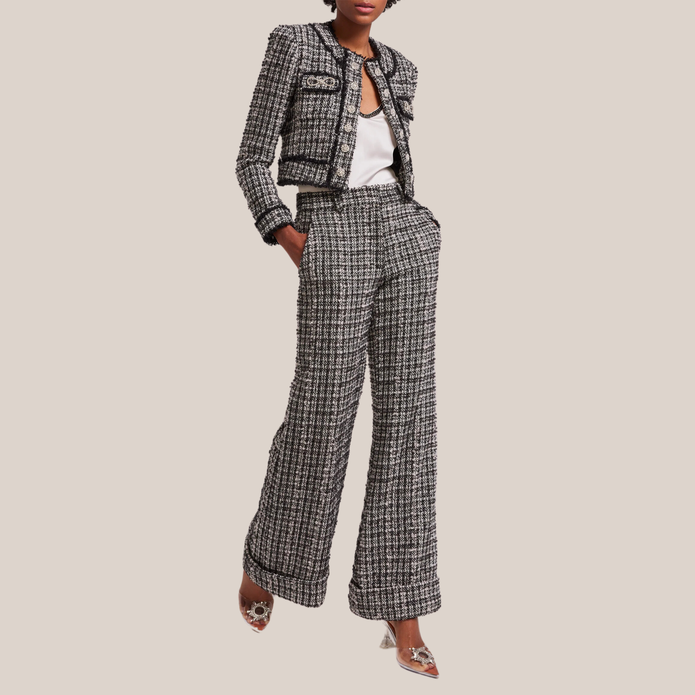 Gotstyle Fashion - Generation Love Pants Checks Textured Tweed Wide Leg Pants - Black/White