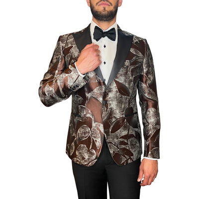 Gotstyle Fashion - Pal Zileri Tuxedo Abstract Floral Design Peak Lapel Tuxedo Jacket - Brown