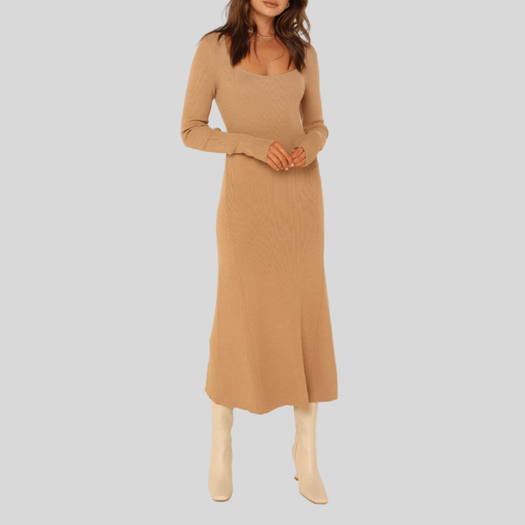 Gotstyle Fashion - Madison Dresses Ribbed Knit A-Line Midi Dress - Tan