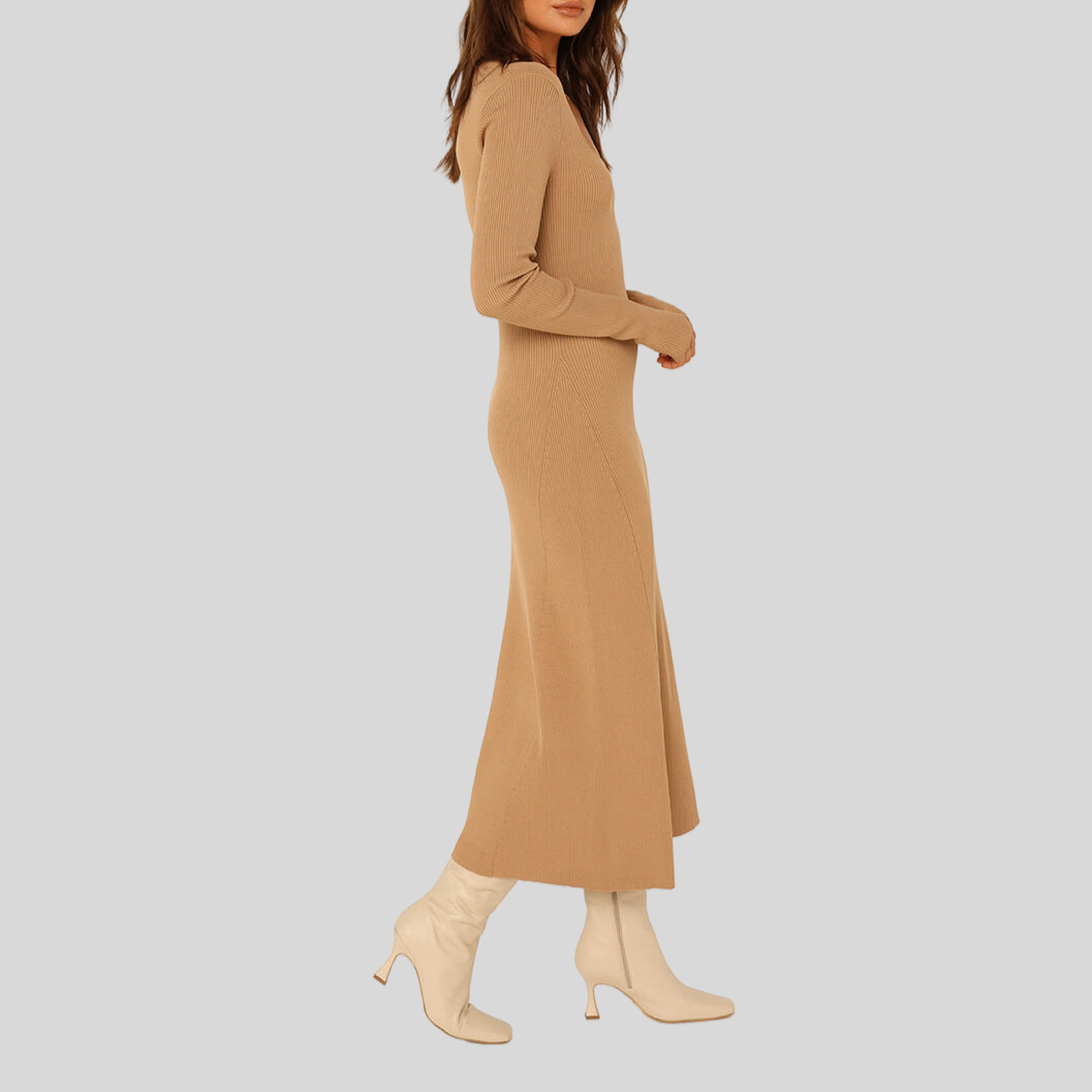 Gotstyle Fashion - Madison Dresses Ribbed Knit A-Line Midi Dress - Tan