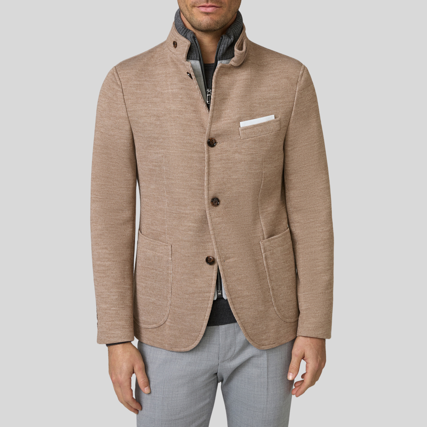 Standing Collar Patch Pocket Knit Blazer - Mocha