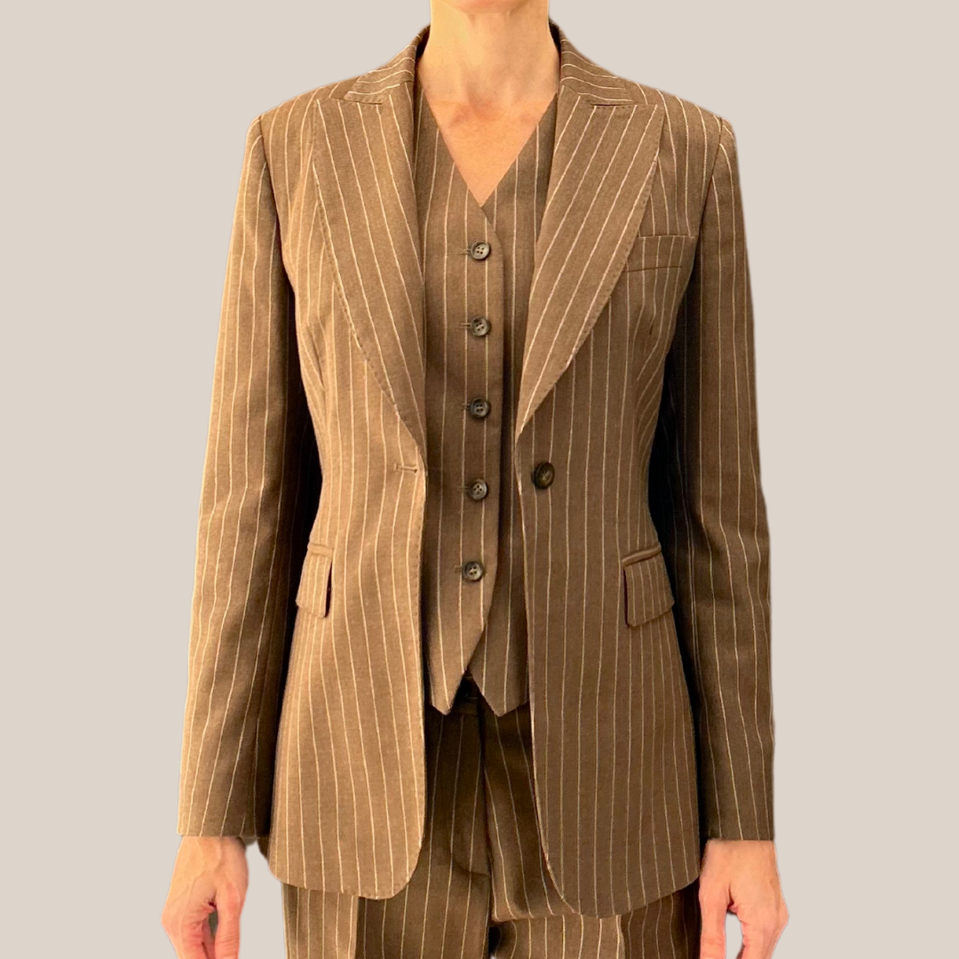 Pinstripe Peak Lapel Blazer - Brown