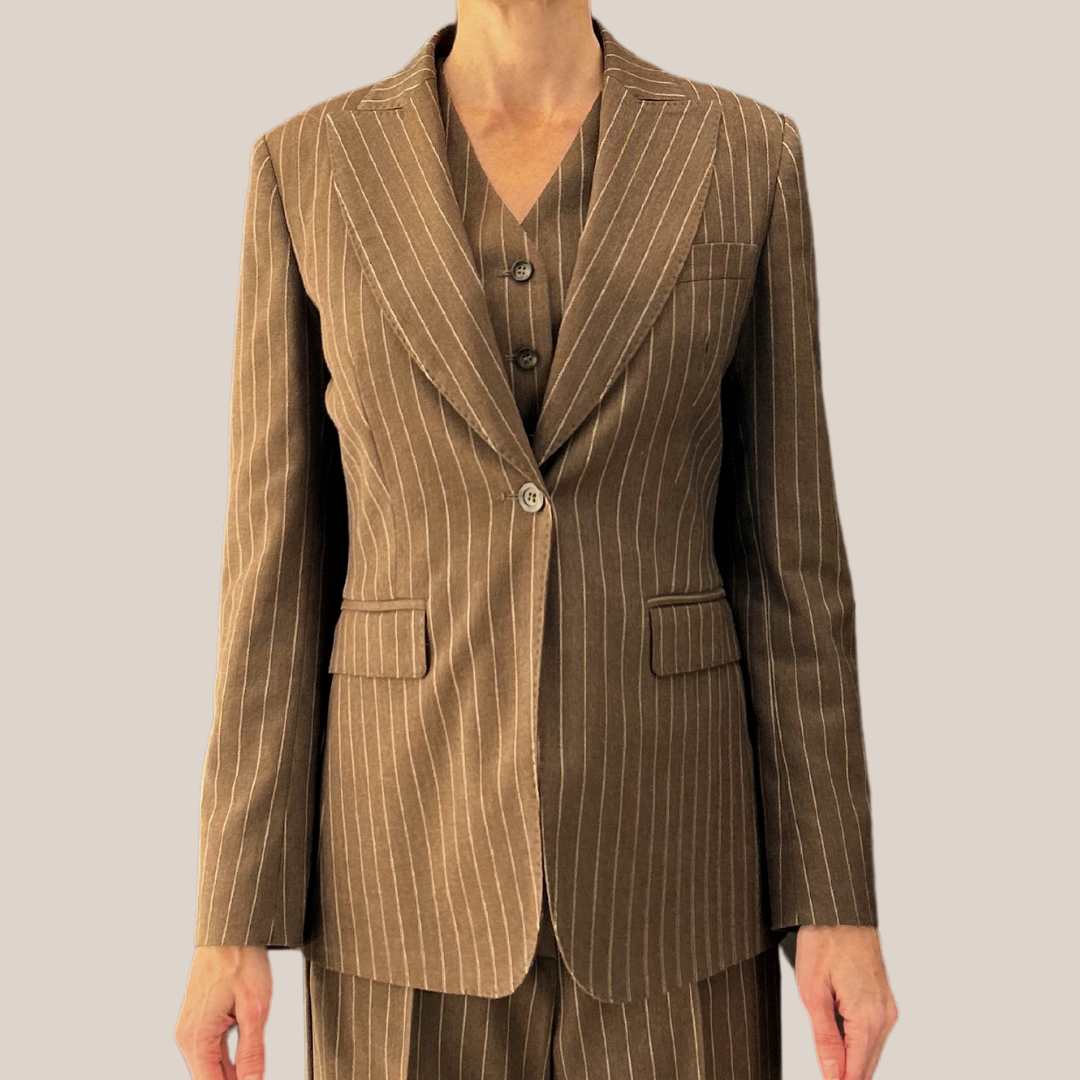 Pinstripe Peak Lapel Blazer - Brown