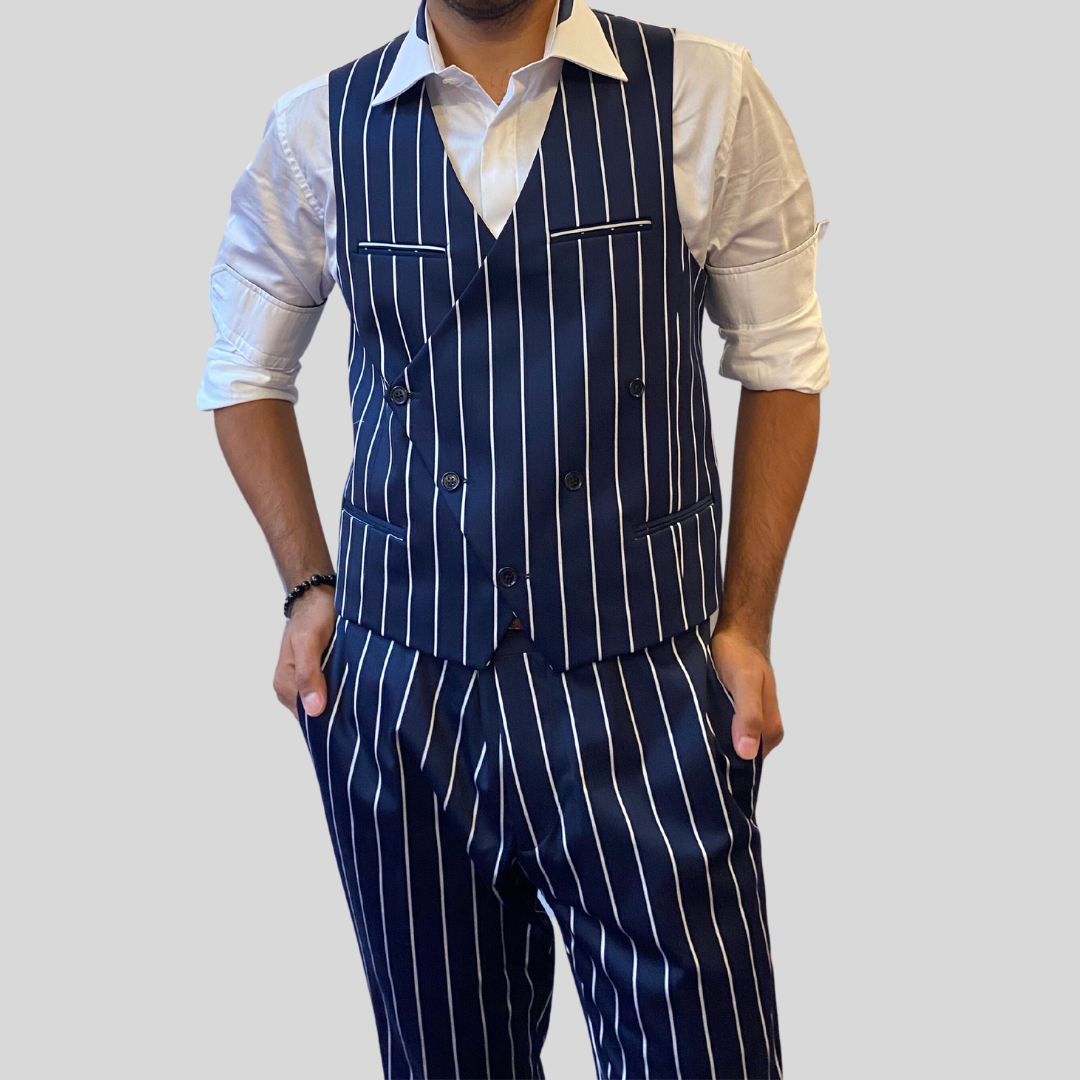 Gotstyle Fashion - Christopher Bates Vests Pinstripe Stretch Cotton Vest - Navy