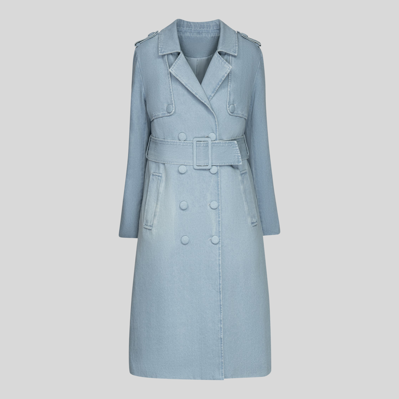 Denim Double Breasted Trench Coat - Light Blue