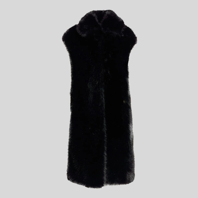 Faux Fur Sleeveless Long Coat - Black