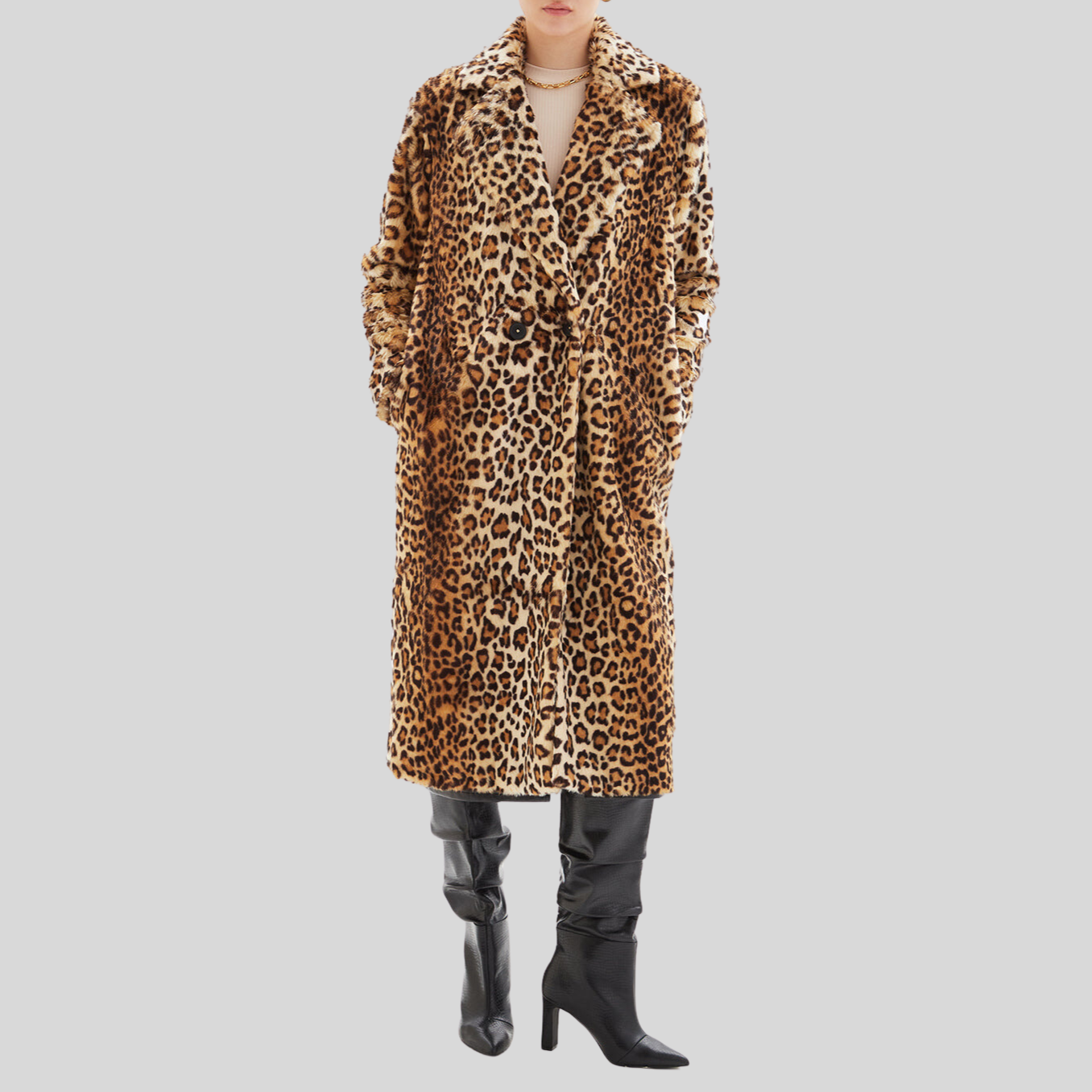 Leopard Print Faux Fur Long Coat - Tan