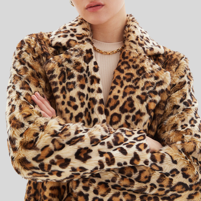 Leopard Print Faux Fur Long Coat - Tan