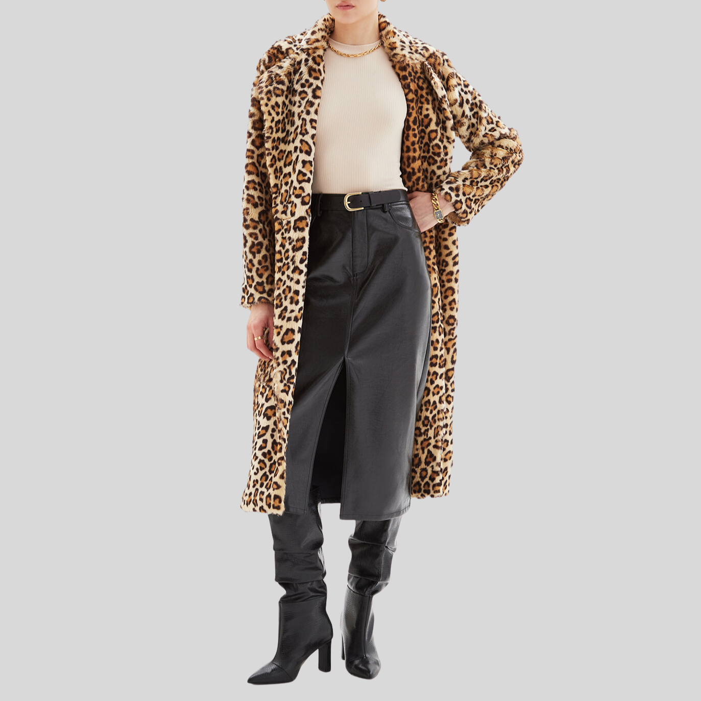 Leopard Print Faux Fur Long Coat - Tan