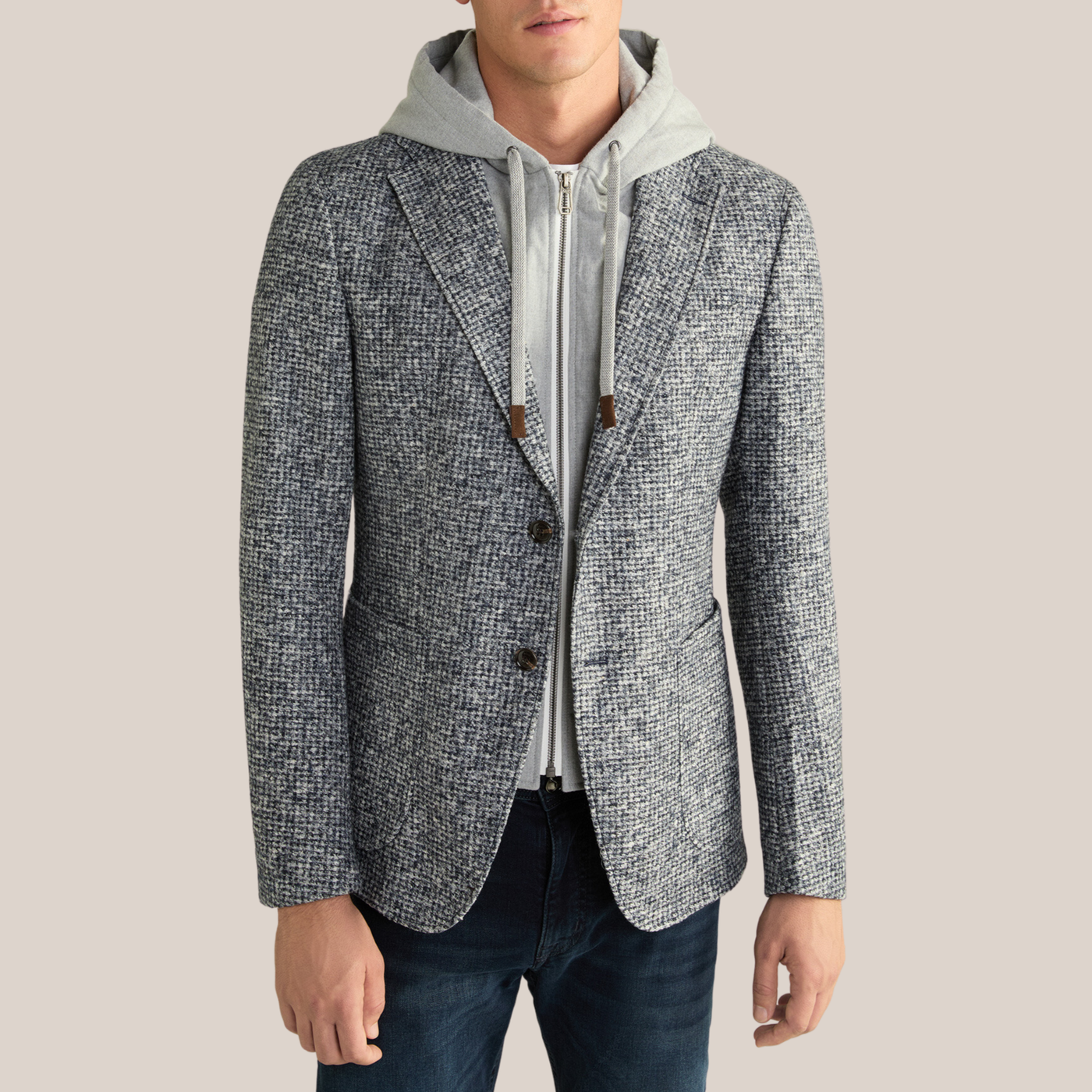 Patch Pocket Melange Blazer with Removable Hoodie - Blue