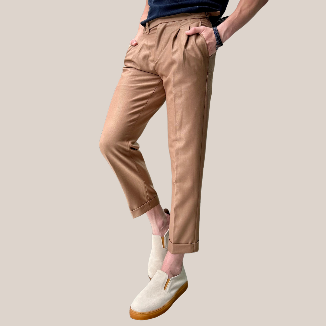 Slim Pleated Cuffed Pants - Tan