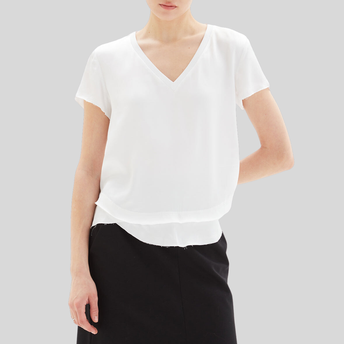 Satiny V-Neck Mock Layer T-Shirt - White