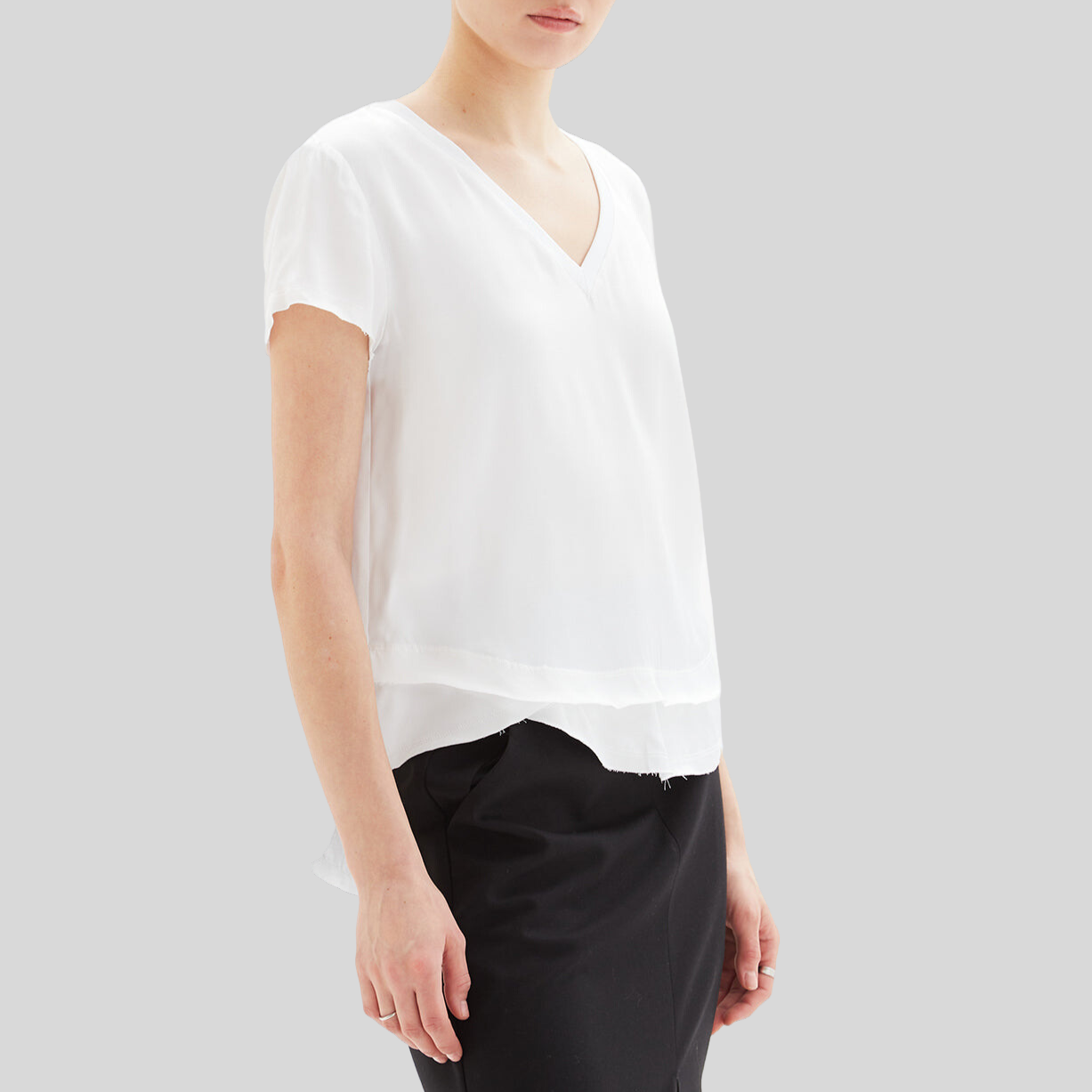 Satiny V-Neck Mock Layer T-Shirt - White