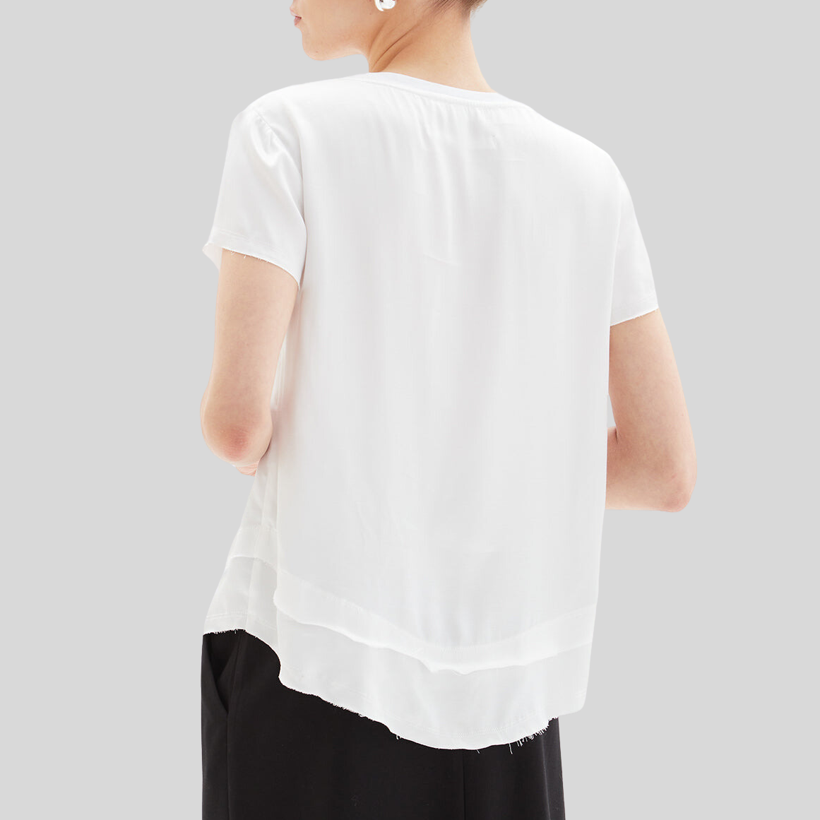 Satiny V-Neck Mock Layer T-Shirt - White