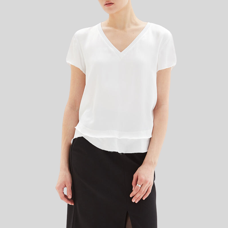 Satiny V-Neck Mock Layer T-Shirt - White