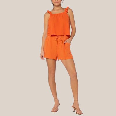 Gotstyle Fashion - Velvet Heart Tops Ruffle Strap Textured Sleeveless Top - Orange