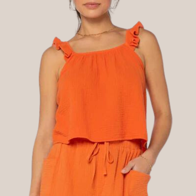 Gotstyle Fashion - Velvet Heart Tops Ruffle Strap Textured Sleeveless Top - Orange