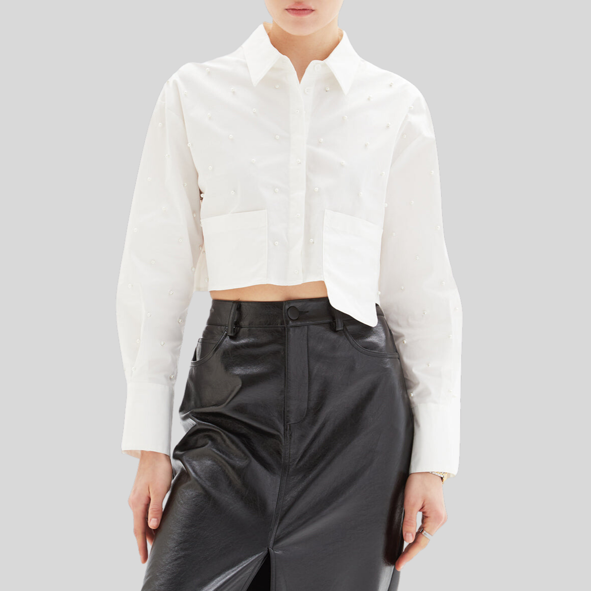 Asymmetric Pocket Pearl Blouse - White