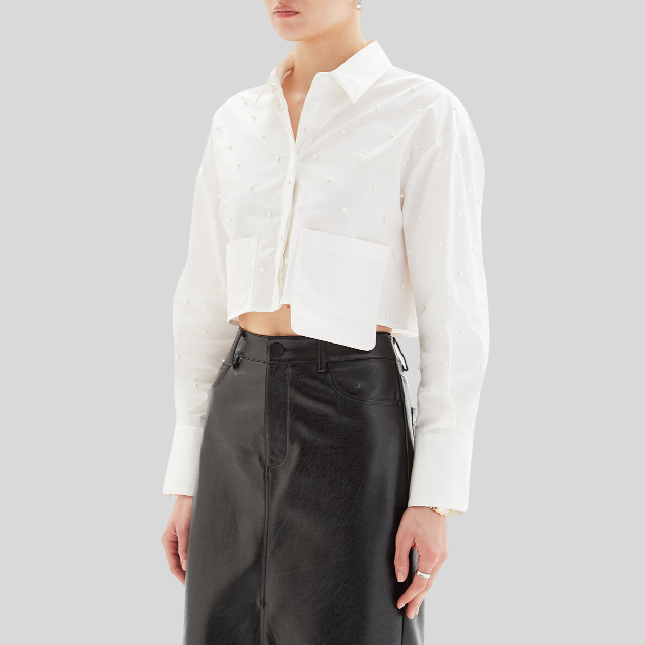 Asymmetric Pocket Pearl Blouse - White