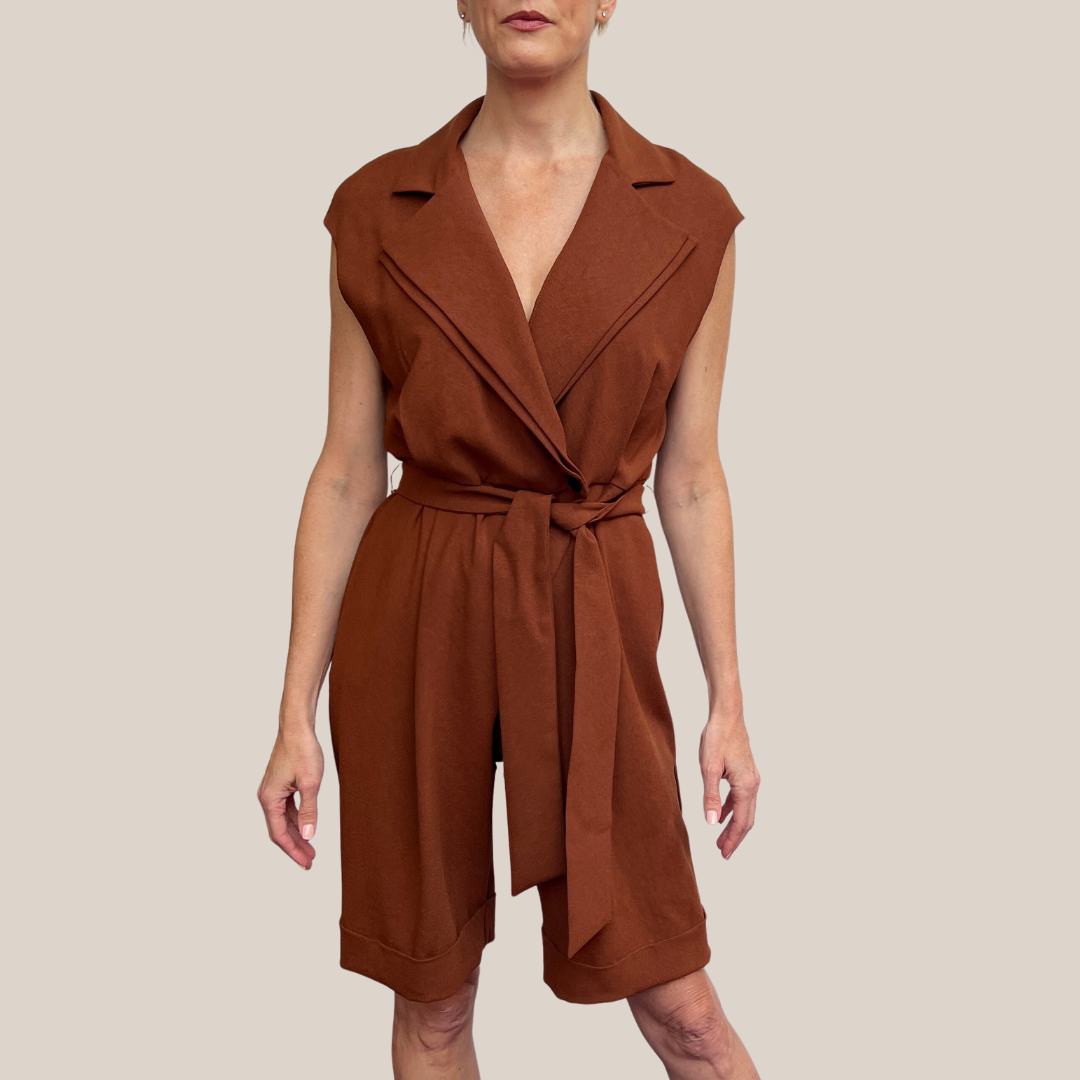 Gotstyle Fashion - Iris Setlakwe Jumpsuits Collared V-Neck Cap Sleeve Crossover Romper - Rust