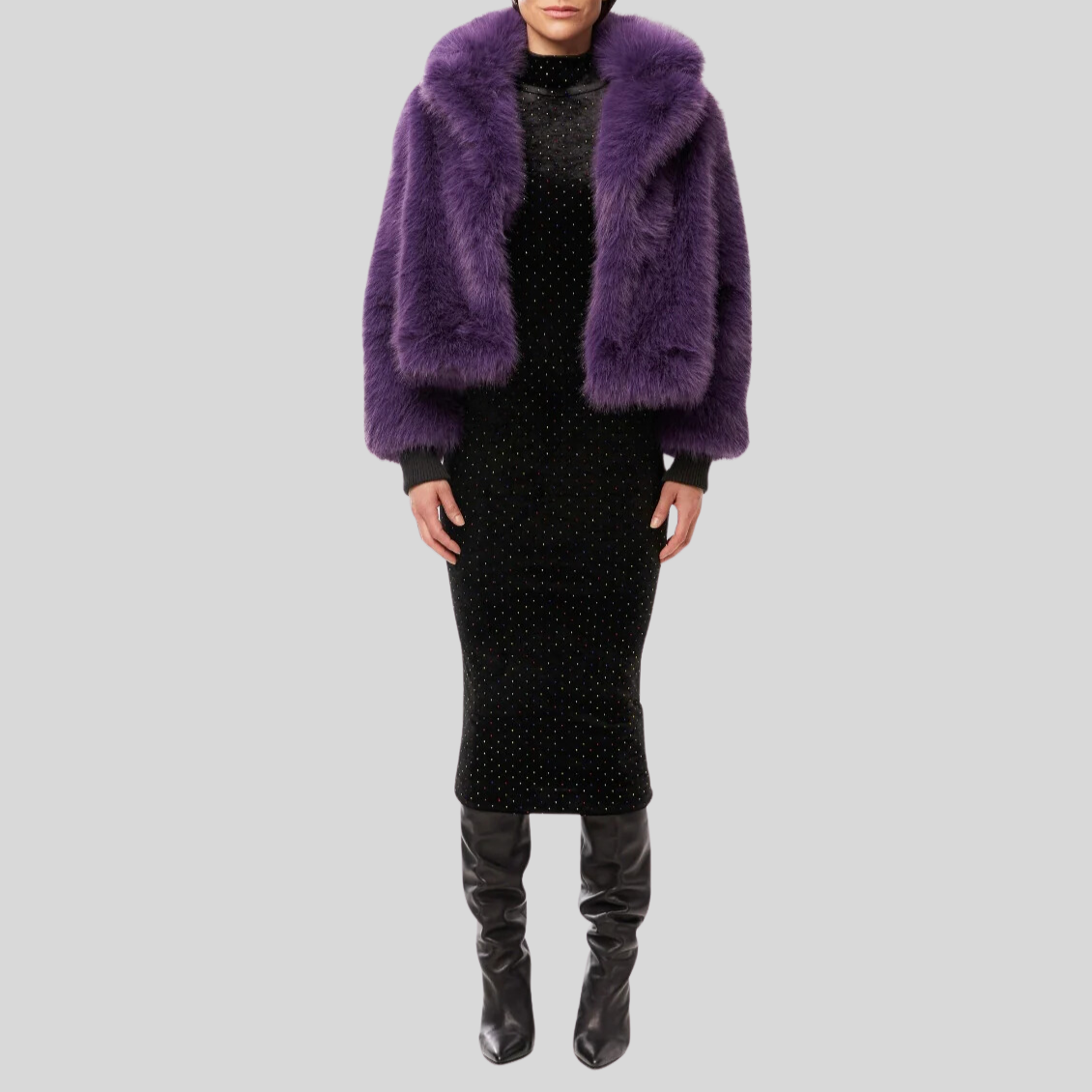 Faux Fur Peak Lapel Crop Jacket - Grape