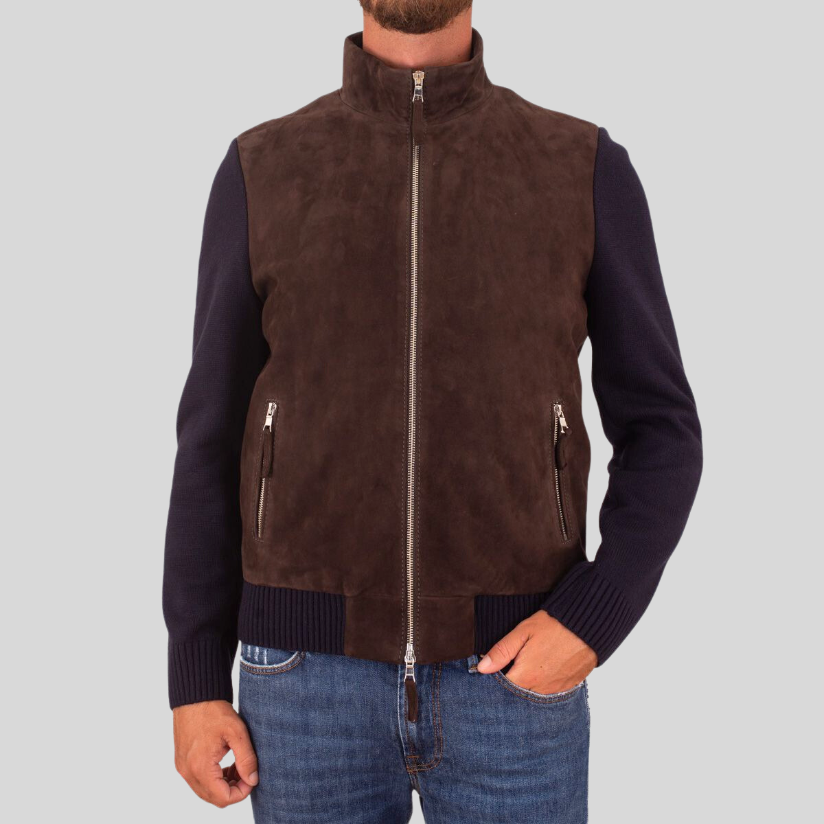 Gotstyle Fashion - The Jack Leathers Jackets Suede / Knit Hybrid Double Zip Jacket - Brown/Navy