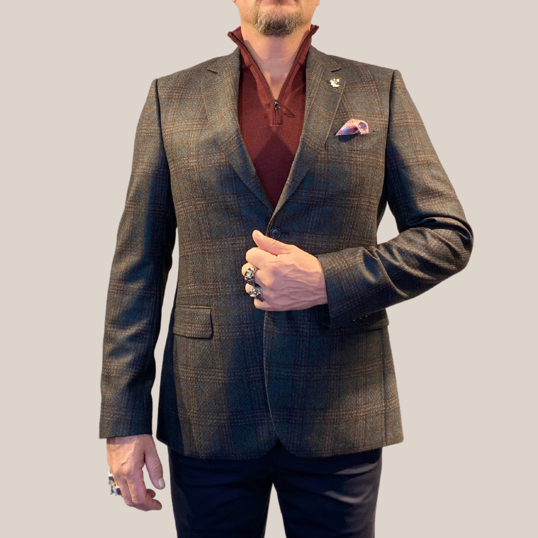 Gotstyle Fashion - Tombolini Blazers Fragmented Plaid Checks Wool Blazer - Brown/Teal