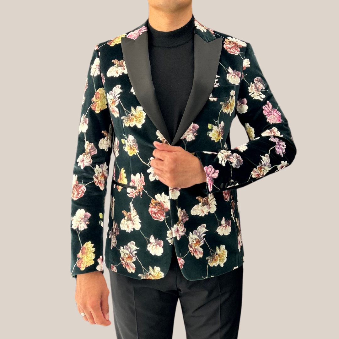 Floral Print Velvet Smoking Jacket - Green