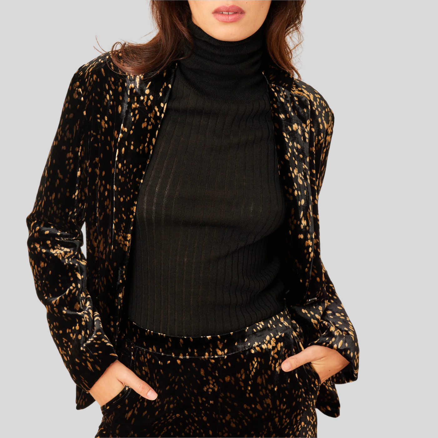 Spots Print Patch Pocket Velvet Blazer - Black