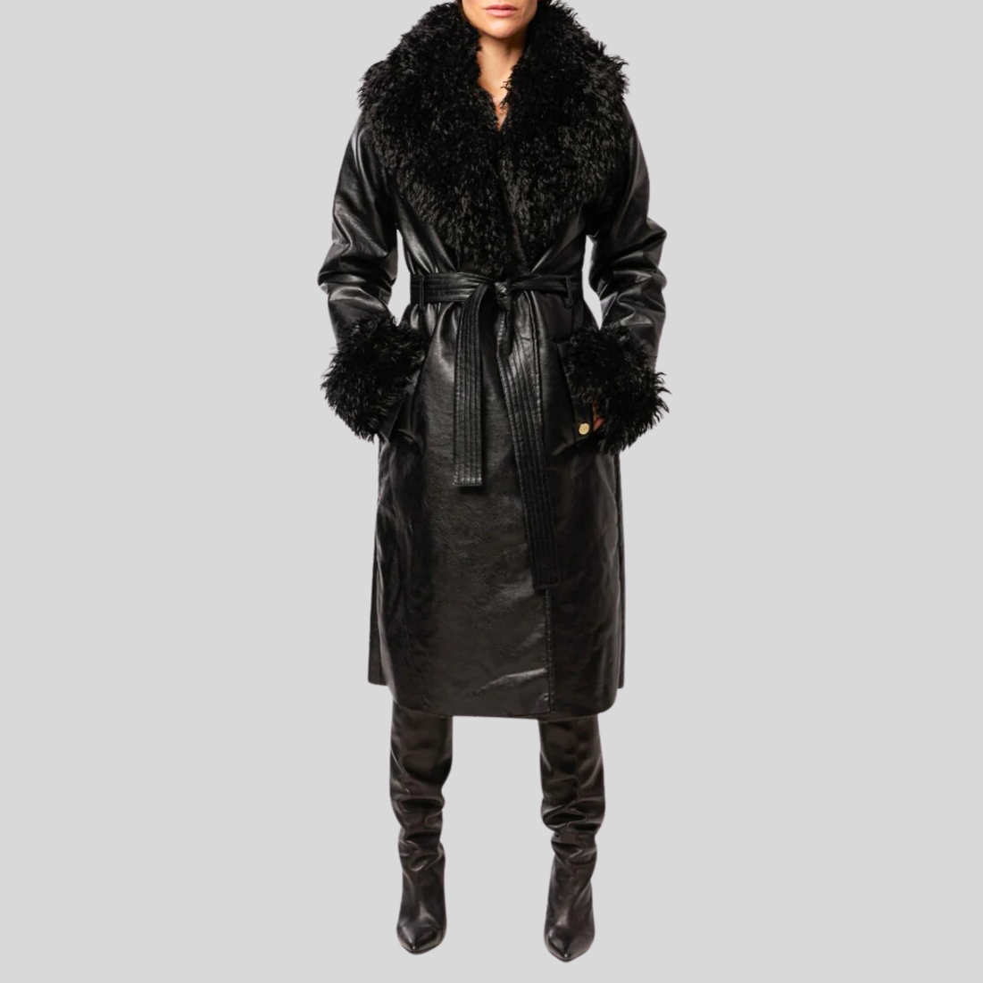 Faux Leather Belted Coat - Black