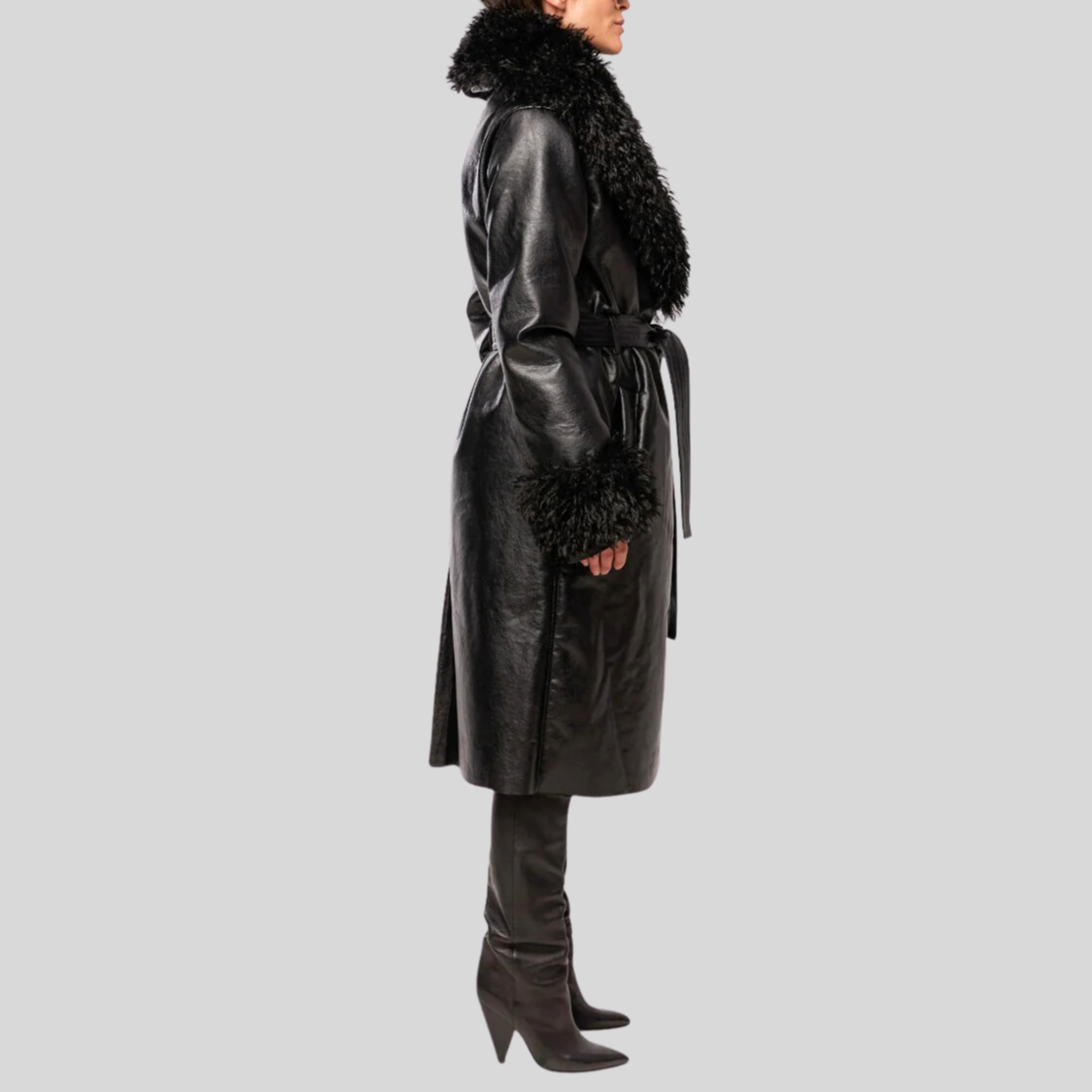 Faux Leather Belted Coat - Black