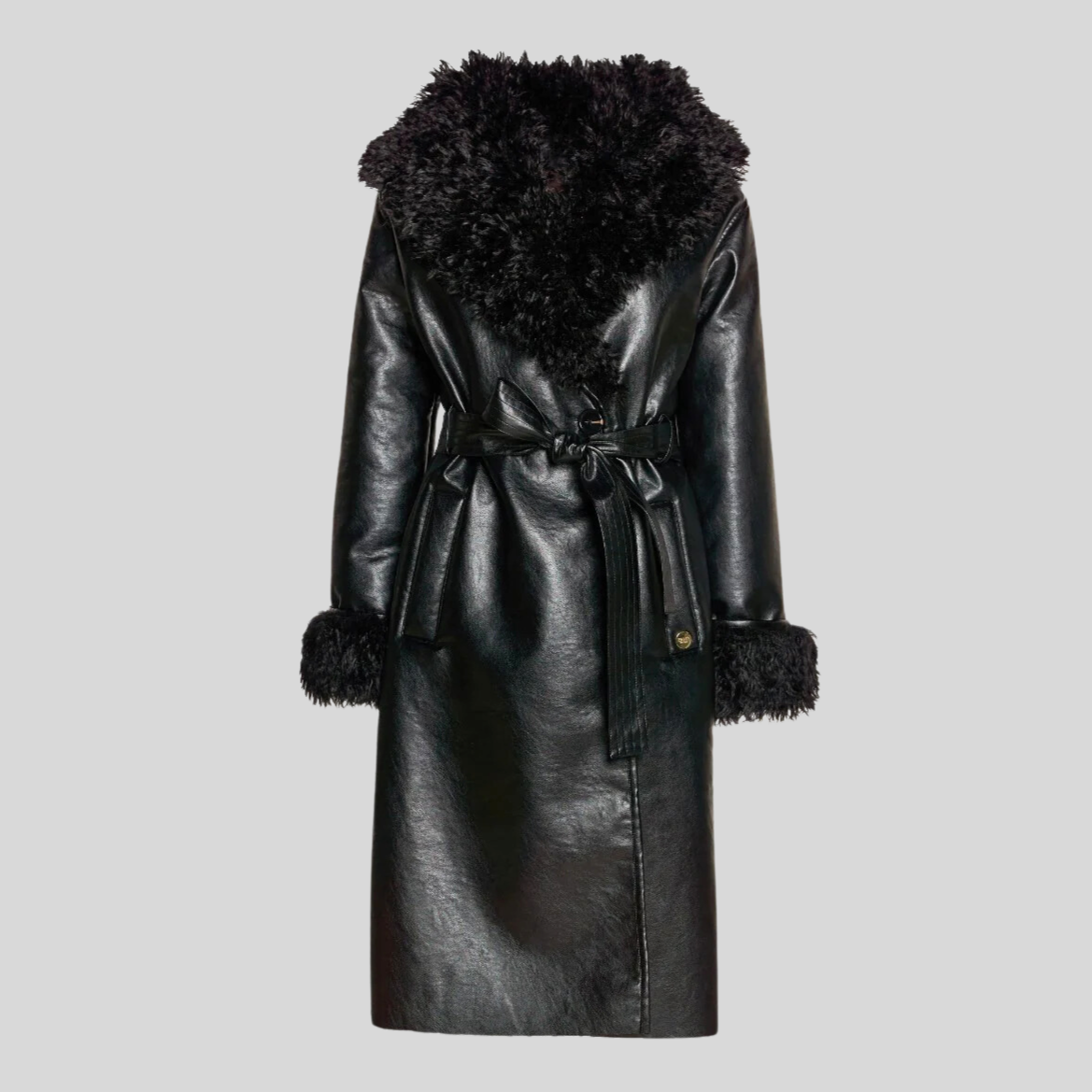 Faux Leather Belted Coat - Black