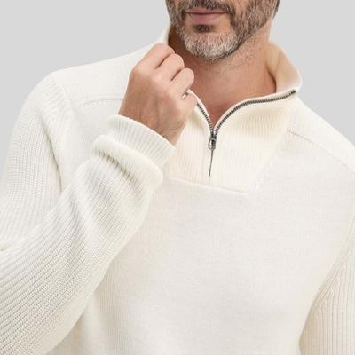 Mock Neck Quarter Zip Ribbed Sweater - Off-White