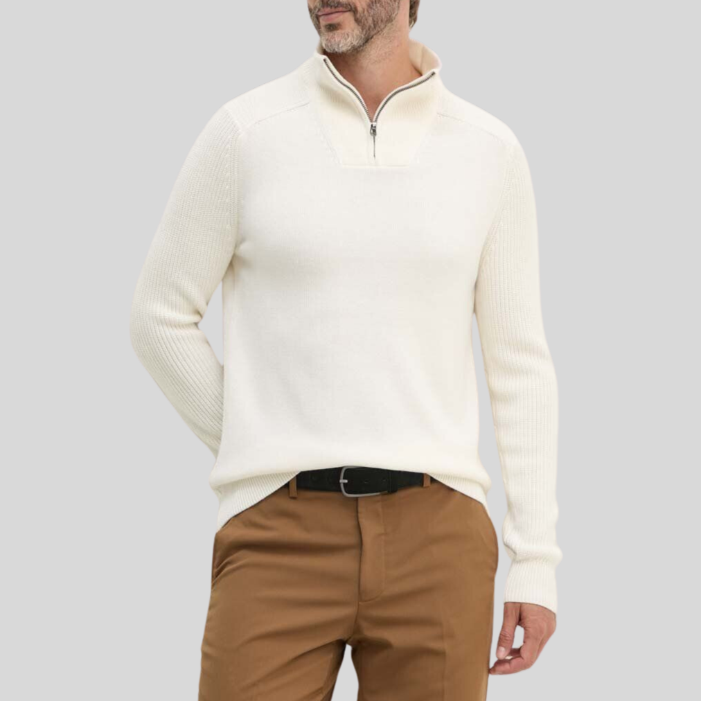 Mock Neck Quarter Zip Ribbed Sweater - Off-White